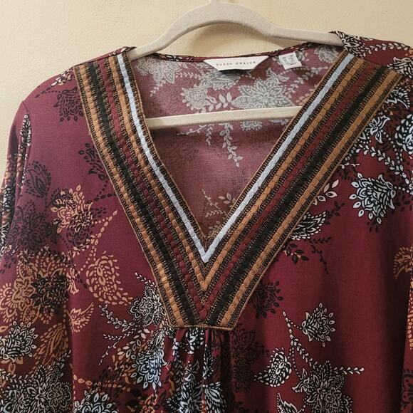 Susan Graver Womens Liquid Knit Top V-Neck Floral Blouse Size 1X Burgandy/Blue - Picture 10 of 12